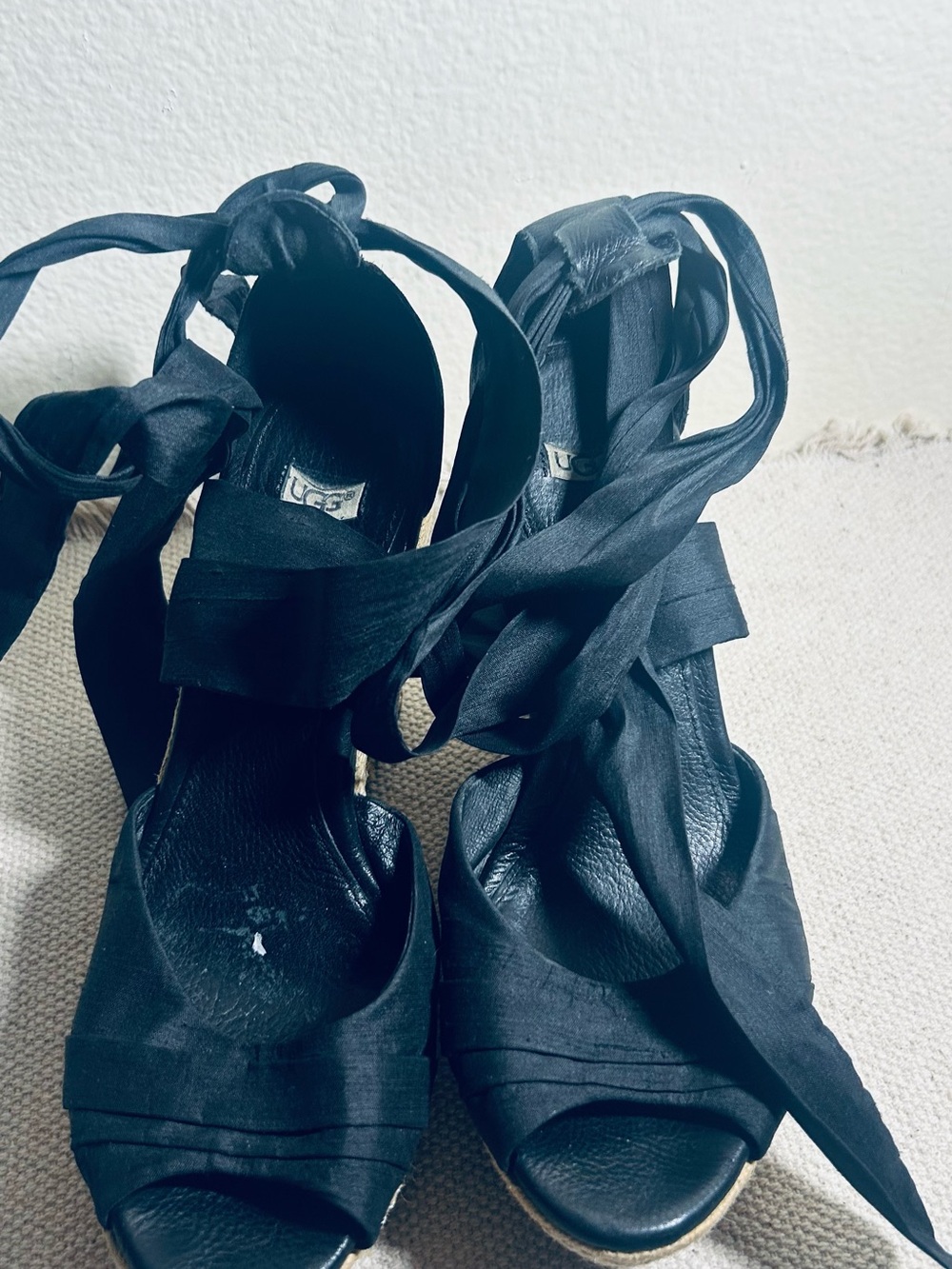 UGG Black Espadrille Wedge Sandals with Ankle Wrap - Picture 6 of 14